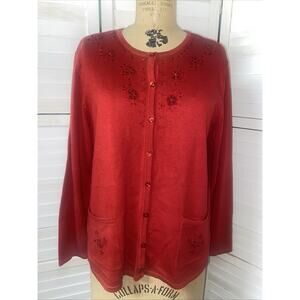 90s Y2K Bon Worth Red Christmas Beaded Sequins Sweater Cardigan MP Medium